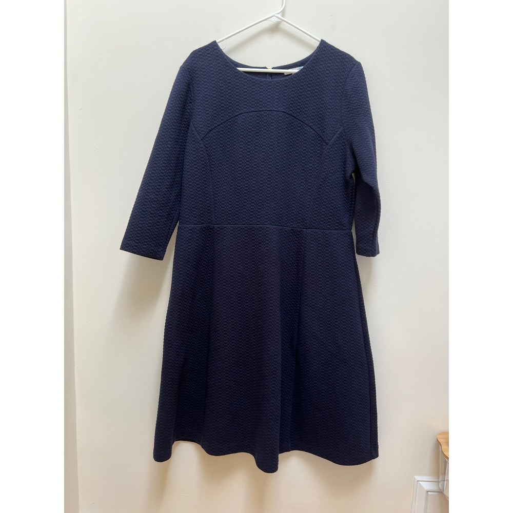 Boden Dress Women 16R Navy Blue Quilted Knit Fit Flare 3/4 Sleeve Gold Zip